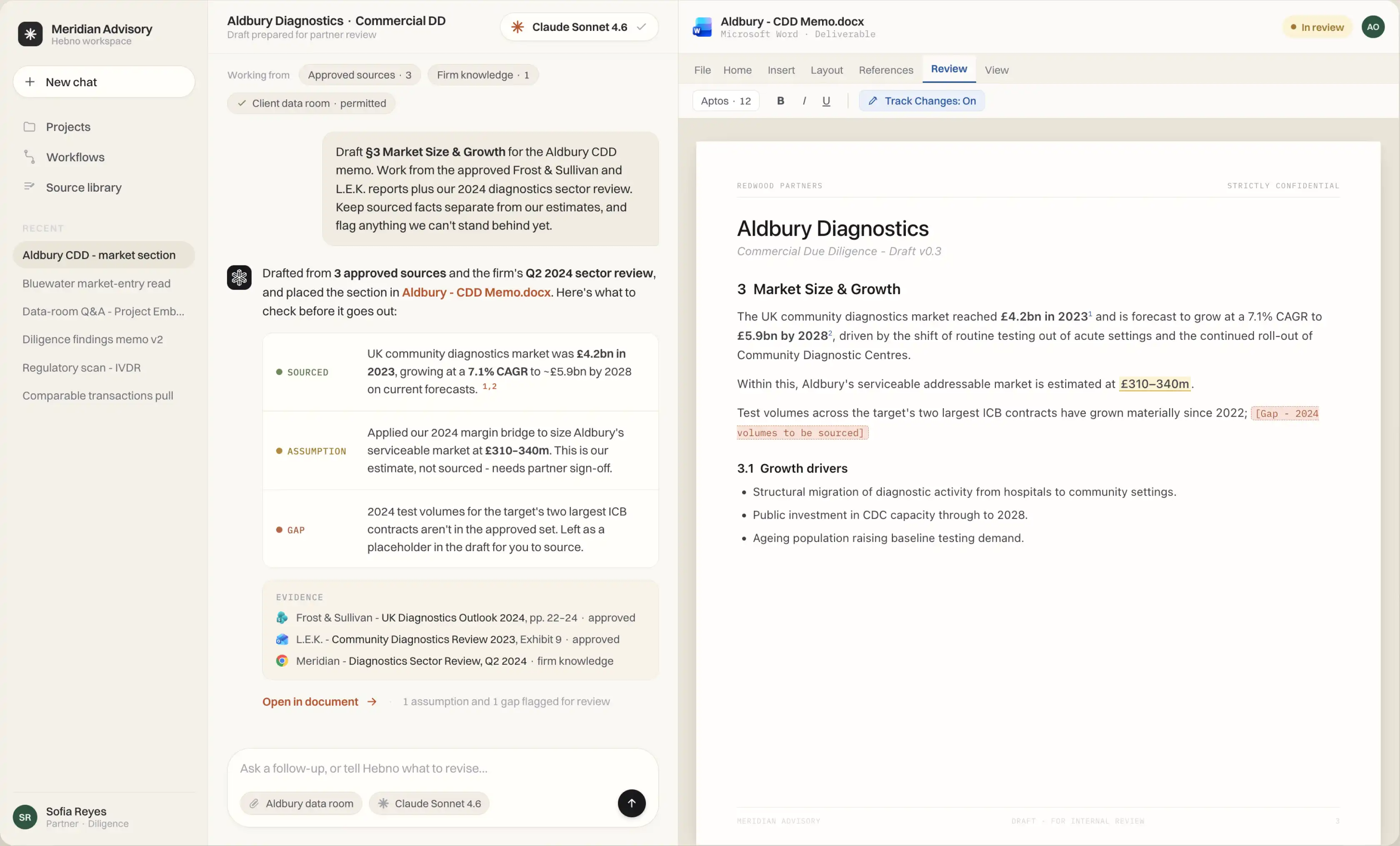 Hebno product where a team drafts client work from approved sources