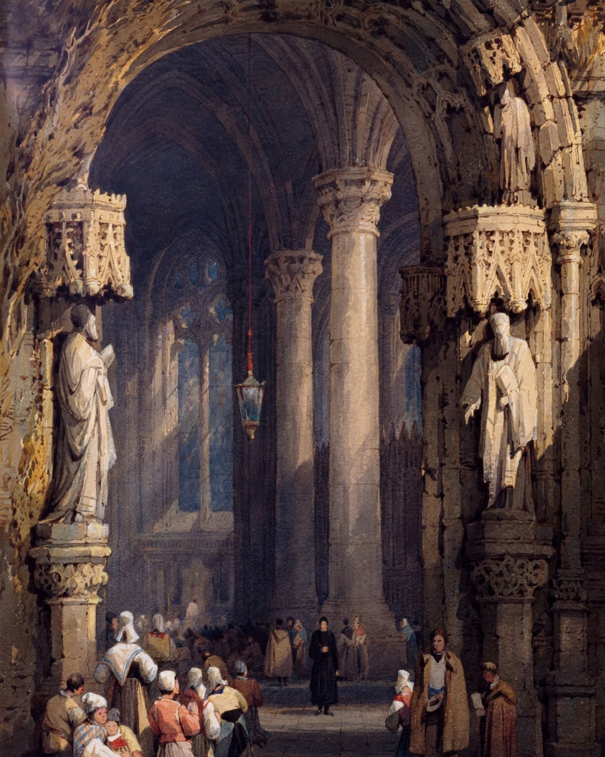 Painting of people gathered inside a cathedral nave