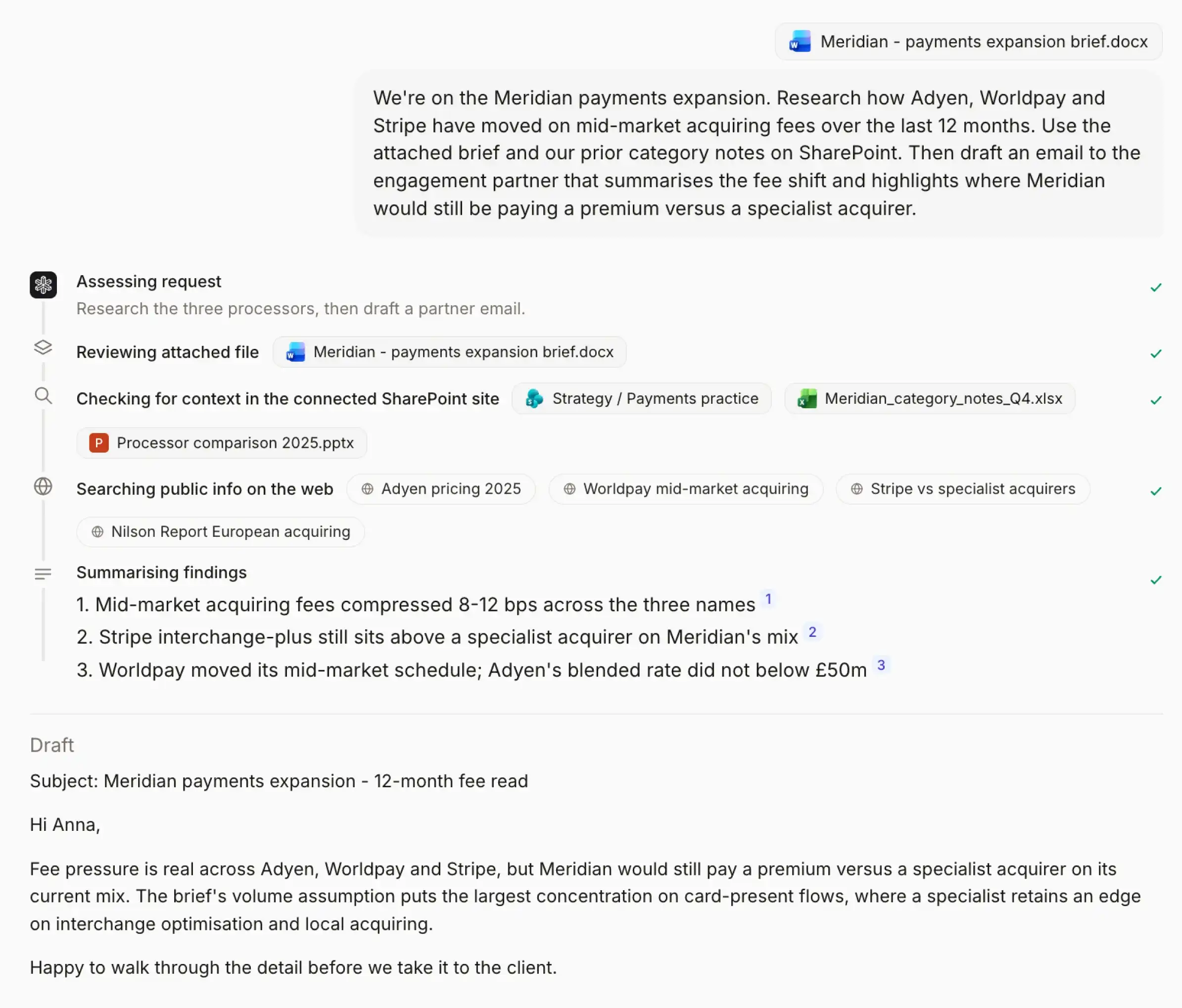 A Hebno draft with the source shown beside each claim