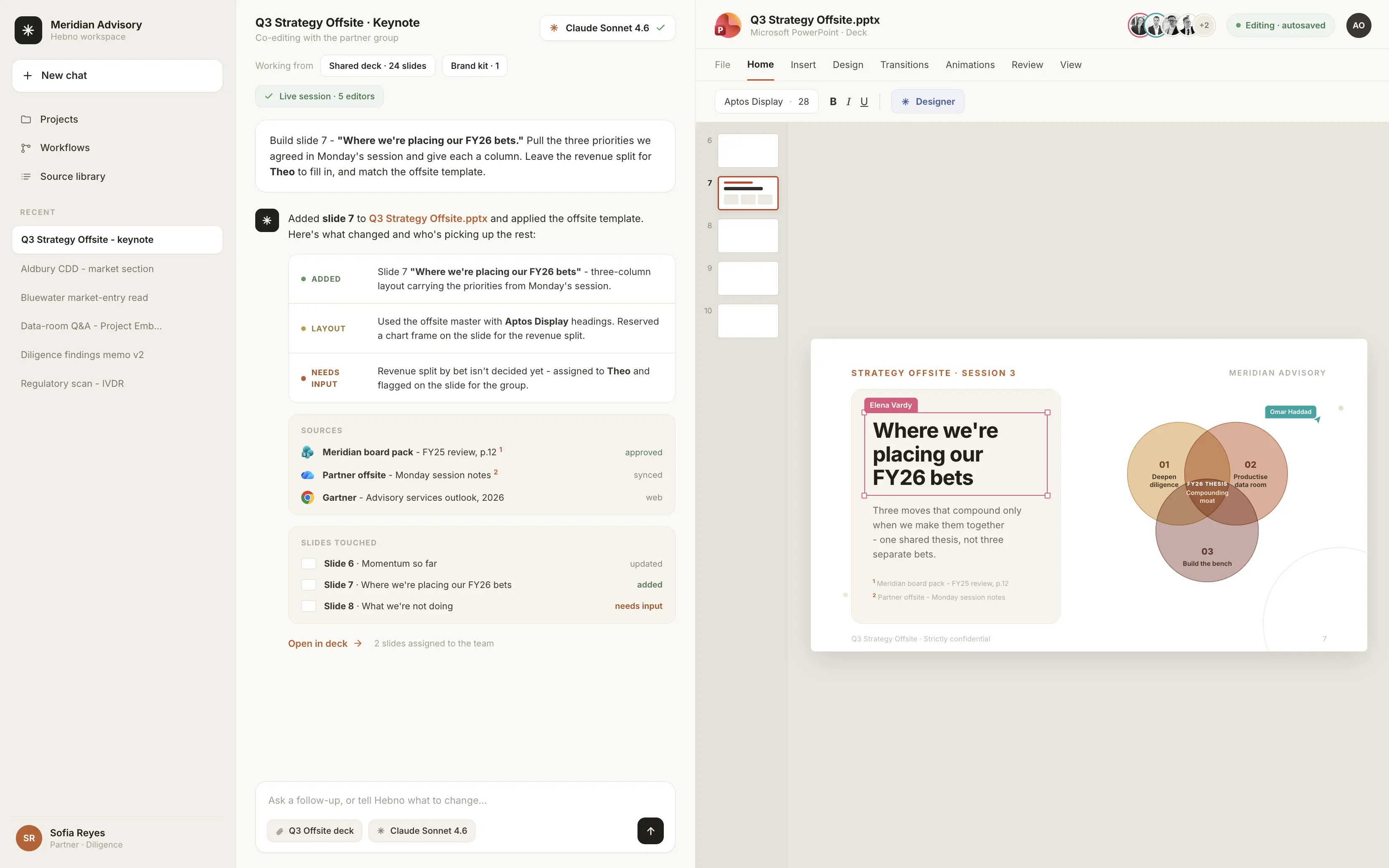 Hebno workspace drafting a client presentation from approved sources